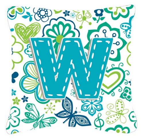 Letter W Flowers And Butterflies Teal Blue Canvas Fabric Decorative Pillow - 14 L x 3 W x 14 H in.