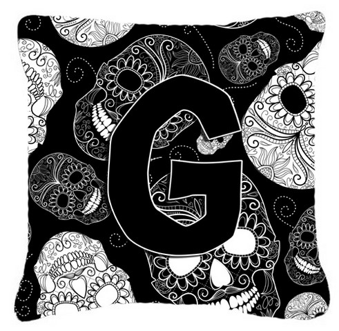Letter G Day Of The Dead Skulls Black Canvas Fabric Decorative Pillow