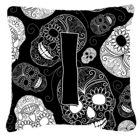 Letter I Day Of The Dead Skulls Black Canvas Fabric Decorative Pillow