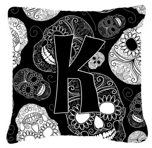 Letter K Day Of The Dead Skulls Black Canvas Fabric Decorative Pillow