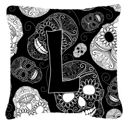 Letter L Day Of The Dead Skulls Black Canvas Fabric Decorative Pillow