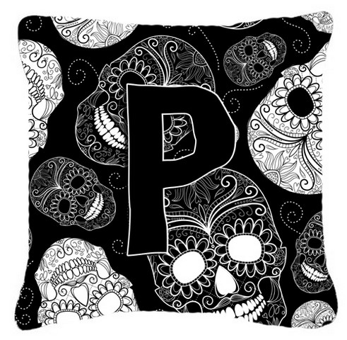 Letter P Day Of The Dead Skulls Black Canvas Fabric Decorative Pillow