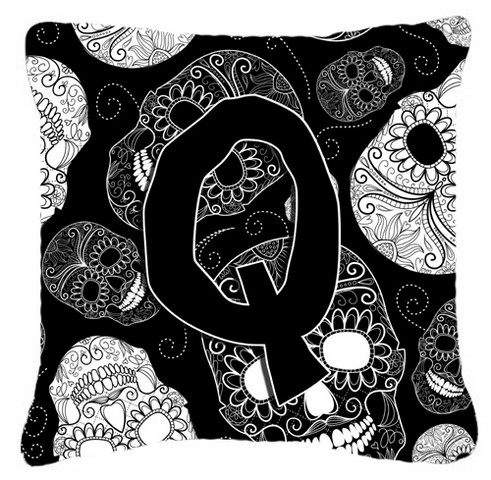 Letter Q Day Of The Dead Skulls Black Canvas Fabric Decorative Pillow