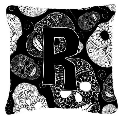 Letter R Day Of The Dead Skulls Black Canvas Fabric Decorative Pillow