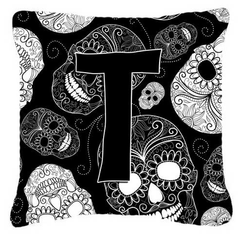 Letter T Day Of The Dead Skulls Black Canvas Fabric Decorative Pillow
