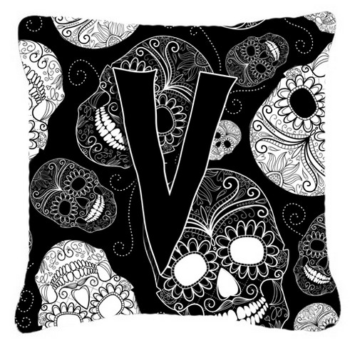 Letter V Day Of The Dead Skulls Black Canvas Fabric Decorative Pillow