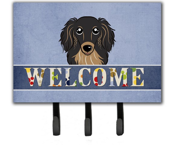 Longhair Black And Tan Dachshund Welcome Leash & Key Holder