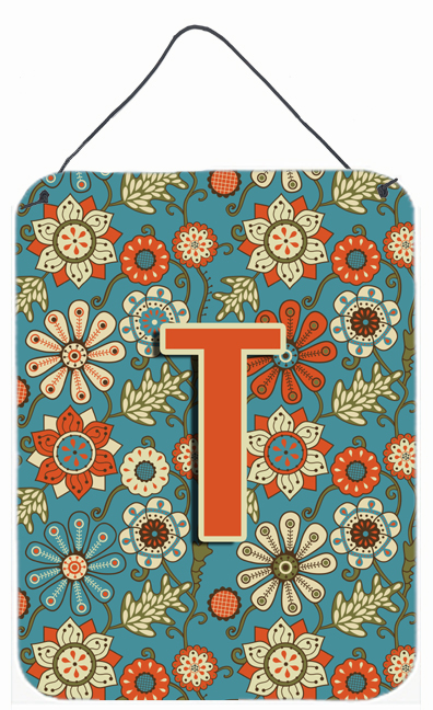 Letter T Flowers Retro Blue Wall and Door Hanging Prints