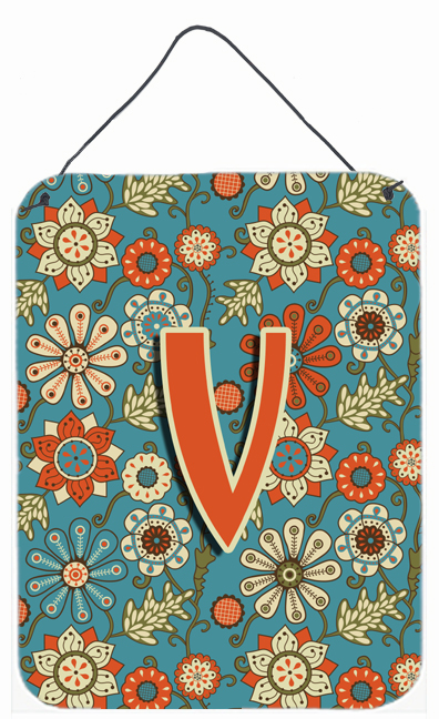 Letter V Flowers Retro Blue Wall and Door Hanging Prints