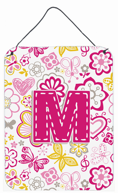 Letter M Flowers And Butterflies Pink Wall and Door Hanging Prints - Pink - 12 L x 0.02 W x 16 H in.