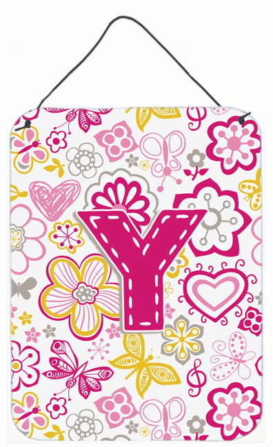 Letter Y Flowers And Butterflies Pink Wall and Door Hanging Prints - Pink - 12 L x 0.02 W x 16 H in.