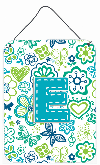 Letter E Flowers And Butterflies Teal Blue Wall and Door Hanging Prints - 12 L x 0.02 W x 16 H in.