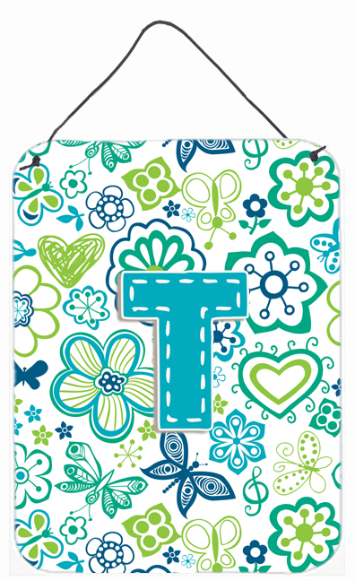 Picture of Carolines Treasures CJ2006-TDS1216 Letter T Flowers And Butterflies Teal Blue Wall and Door Hanging Prints
