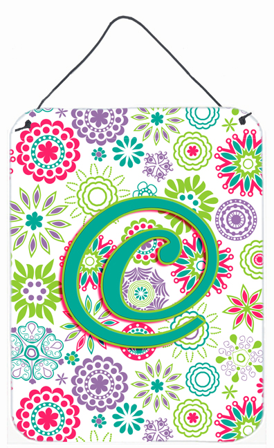 Letter C Flowers Pink Teal Green Initial Wall and Door Hanging Prints