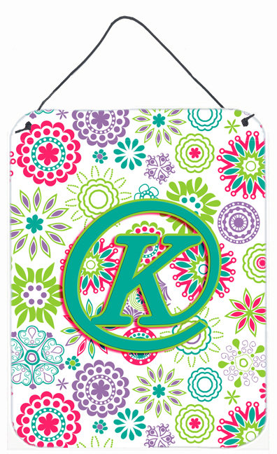 Letter K Flowers Pink Teal Green Initial Wall and Door Hanging Prints