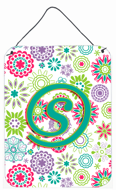 Letter S Flowers Pink Teal Green Initial Wall and Door Hanging Prints