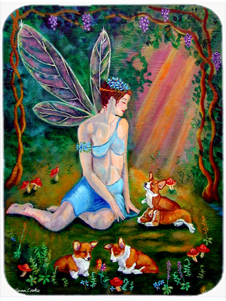 Picture of Carolines Treasures 7295LCB Fairy In The Woods With Her Corgis Glass Cutting Board- Large