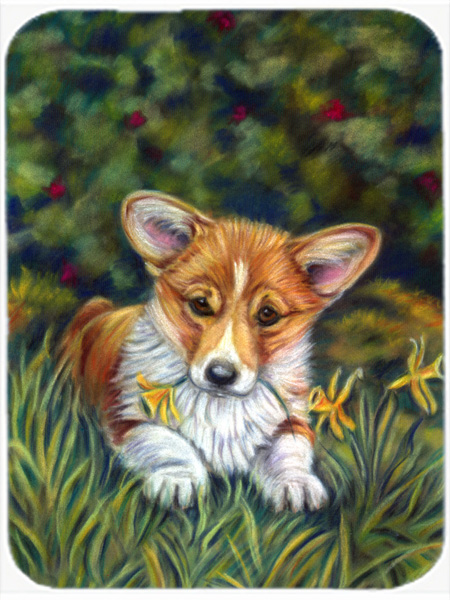 Picture of Carolines Treasures 7300LCB Corgi Pup And Daffodils Glass Cutting Board- Large