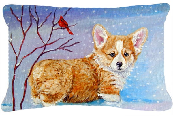 Corgi Pup Snow Cardinal Fabric Decorative Pillow