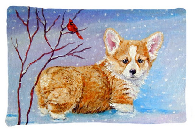 Decorative Pillows, Corgi Pup Snow Cardinal Fabric Standard Pillowcase