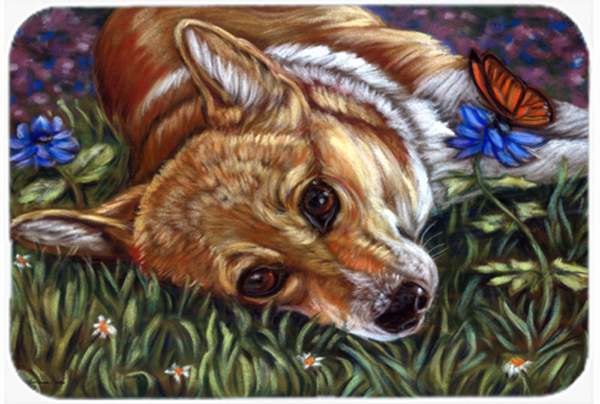 Picture of Carolines Treasures 7325LCB Corgi Pastel Butterfly Glass Cutting Board- Large