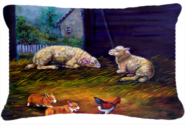 Corgi Chaos In The Barn With Sheep Fabric Decorative Pillow