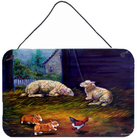 Corgi Chaos In The Barn With Sheep Wall and Door Hanging Prints