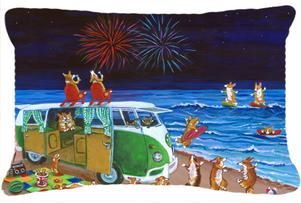 Corgi Beach Party Volkswagon Bus Fireworks Fabric Decorative Pillow