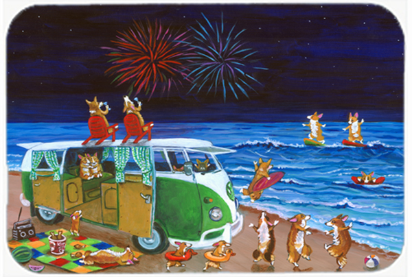 Picture of Carolines Treasures 7317LCB Corgi Beach Party Volkswagon Bus Fireworks Glass Cutting Board- Large