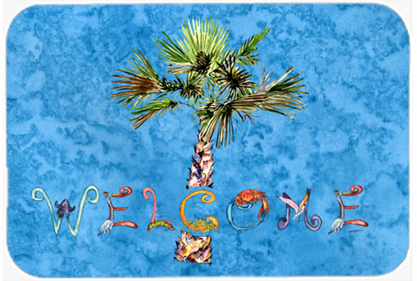 Picture of Carolines Treasures 8708LCB Welcome Palm Tree On Blue Glass Cutting Board- Large