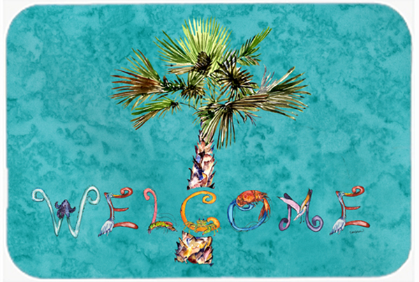 Picture of Carolines Treasures 8711LCB Welcome Palm Tree On Teal Glass Cutting Board- Large