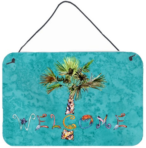 Welcome Palm Tree On Teal Wall and Door Hanging Prints