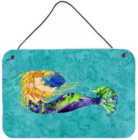 Blonde Mermaid On Teal Wall and Door Hanging Prints