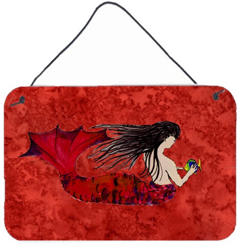 Black Haired Mermaid On Red Wall and Door Hanging Prints