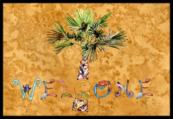 Welcome Palm Tree On Gold Indoor & Outdoor Mat- - 24 x 36 in.