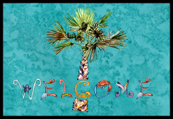 Welcome Palm Tree On Teal Indoor & Outdoor Mat, 24 x 36 in.
