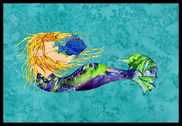 Blonde Mermaid On Teal Indoor & Outdoor Mat