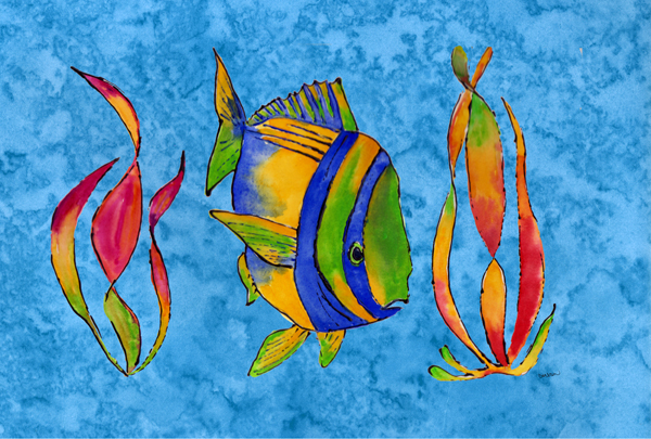 Troical Fish And Seaweed On Blue Fabric Placemat