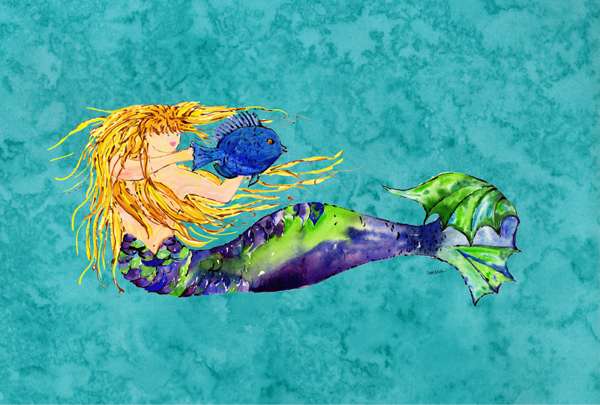 8724PLMT Blonde Mermaid On Teal Fabric Placemat