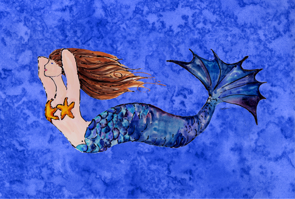 Brunette Mermaid On Blue Fabric Placemat