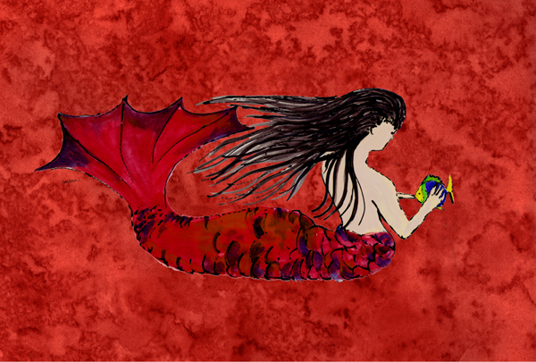 Black Haired Mermaid On Red Fabric Placemat
