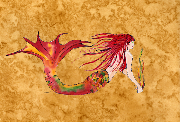 8727PLMT Ginger Red Headed Mermaid On Gold Fabric Placemat
