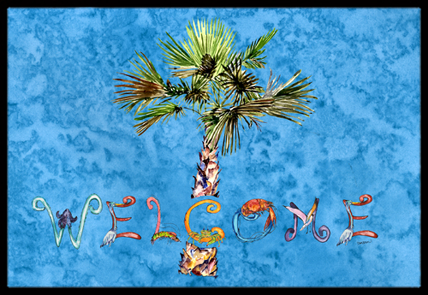 Welcome Palm Tree On Blue Indoor & Outdoor Mat, 18 x 27 in.