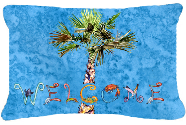Welcome Palm Tree On Blue Canvas Fabric Decorative Pillow