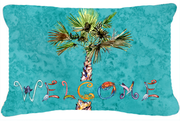 Welcome Palm Tree On Teal Canvas Fabric Decorative Pillow