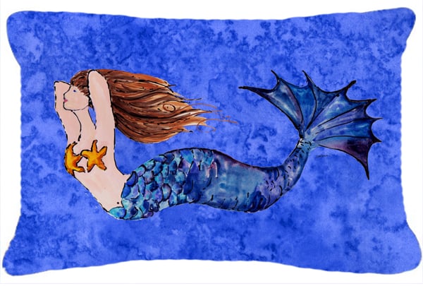 Brunette Mermaid On Blue Canvas Fabric Decorative Pillow