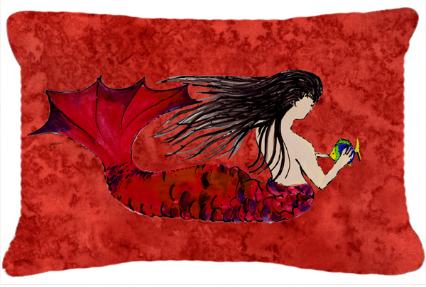 Black Haired Mermaid On Red Canvas Fabric Decorative Pillow
