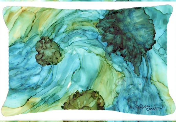 Abstract In Teal Flowers Canvas Fabric Decorative Pillow