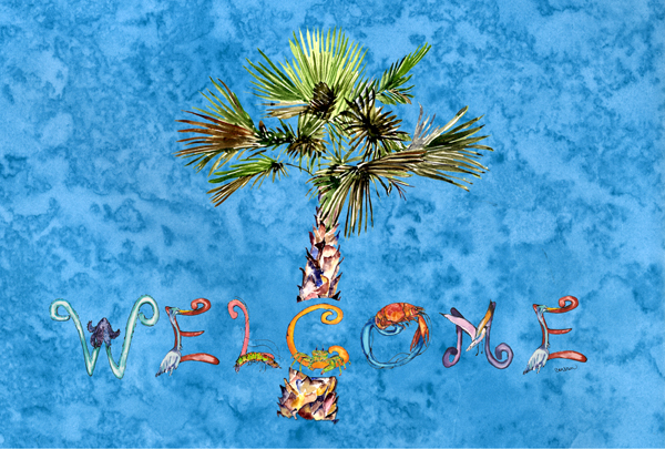 Welcome Palm Tree On Blue Fabric Placemat
