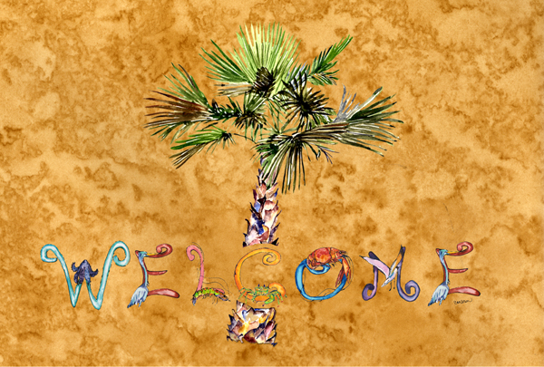 8709PLMT Welcome Palm Tree On Gold Fabric Placemat